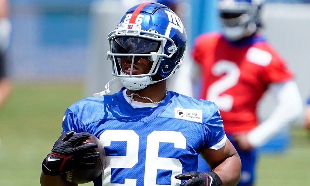 New York Giants running back Saquon Barkley (26) participates in mandatory minicamp at the Quest Diagnostics Training Center on Tuesday, June 7, 2022, in East Rutherford.