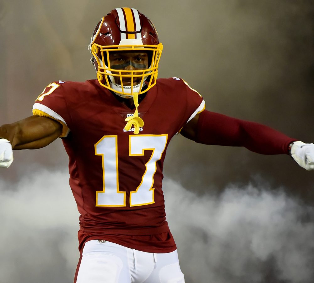 LANDOVER, MD - SEPTEMBER 23: Terry McLaurin #17 of the Washington Redskins is introduced prior to the game against the Chicago Bears at FedExField on September 23, 2019 in Landover, Maryland. (Photo by Will Newton/Getty Images)