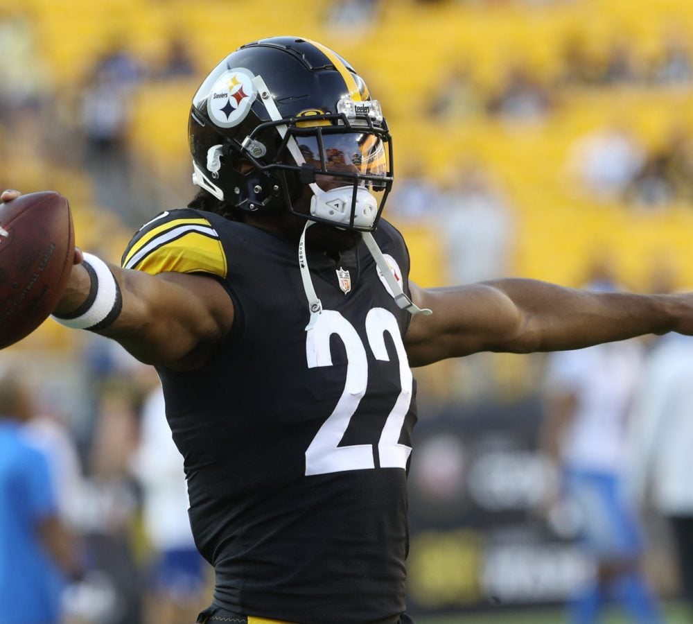 Aug 21, 2021; Pittsburgh, Pennsylvania, USA; Pittsburgh Steelers running back Najee Harris (22) warms up before a game against the Detroit Lions at Heinz Field. Mandatory Credit: Charles LeClaire-USA TODAY Sports